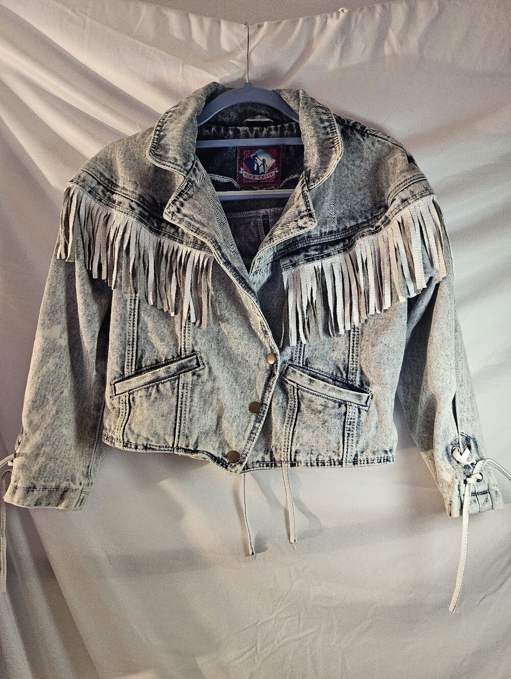 Vintage 80s Rock Creek Womenβs Acid Washed Denim Jacket Leather Fringe